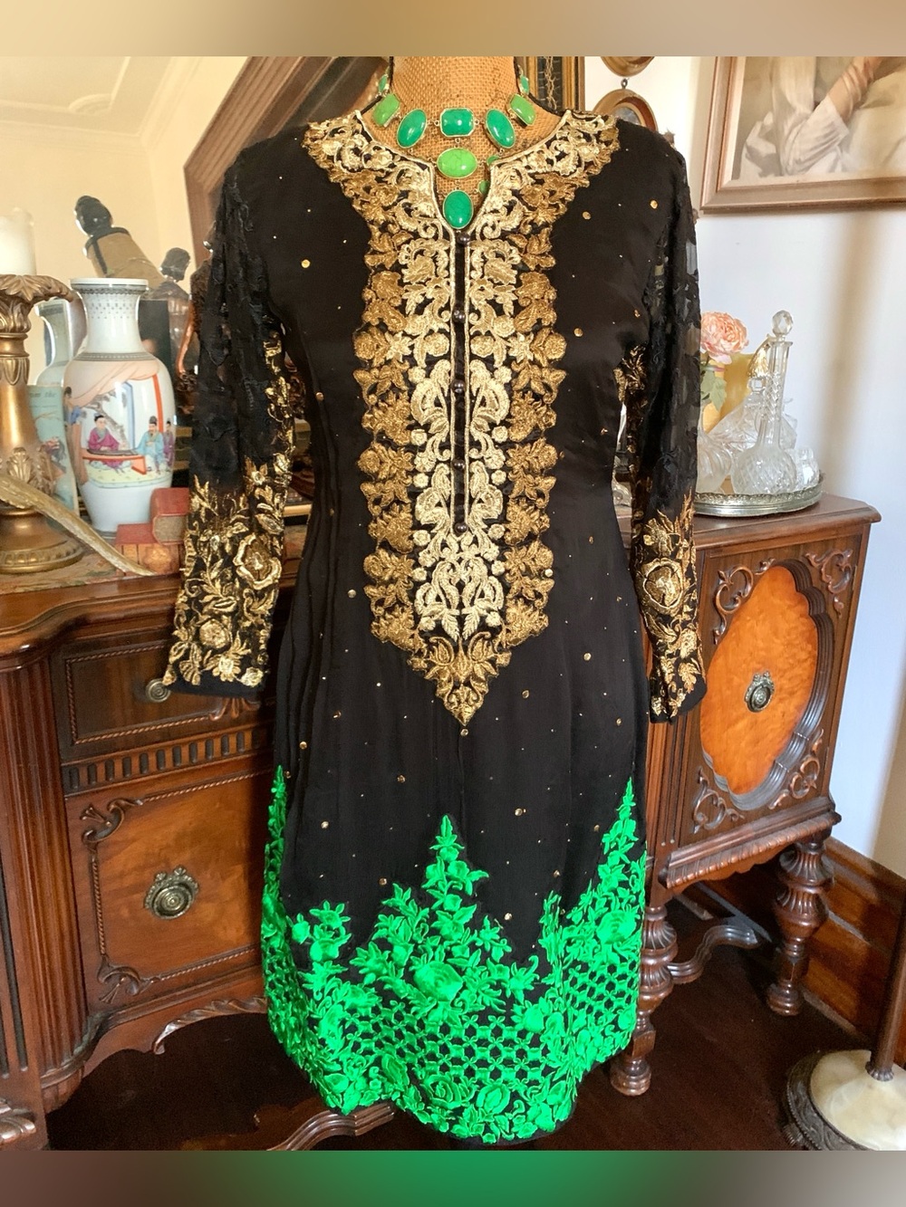 Vintage Golden Green Floral Embroidered Boho Hippie Gypsy Kurti Tunic Dress